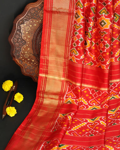 Double Ikkat Red Saree - PattuCheeralu