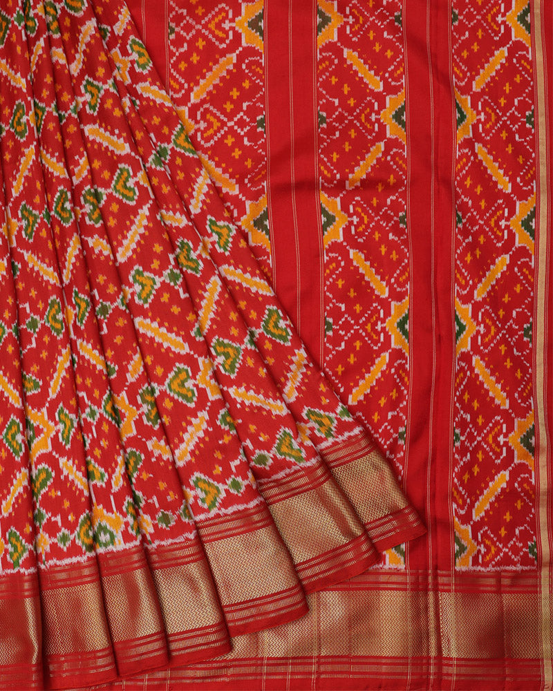 Double Ikkat Red Saree - PattuCheeralu