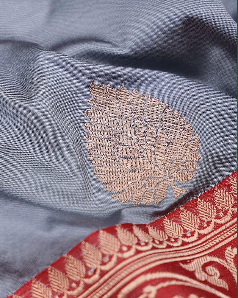 Oxford Blue, this Katan Banarasi silk saree - PattuCheeralu