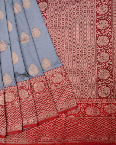 Oxford Blue, this Katan Banarasi silk saree - PattuCheeralu