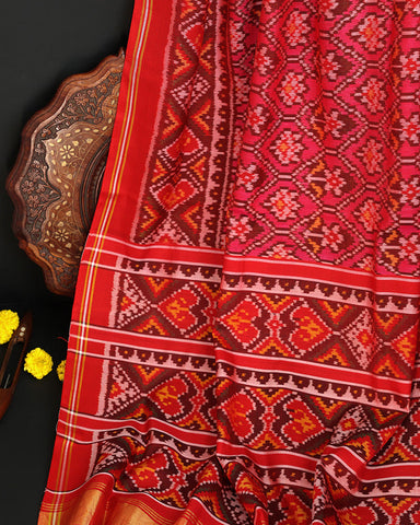 Double Ikkat Red Saree - PattuCheeralu