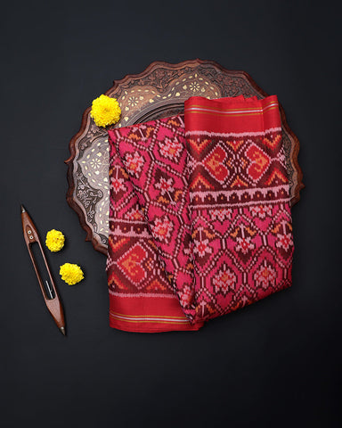 Double Ikkat Red Saree - PattuCheeralu