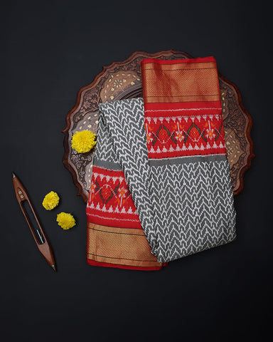 Double Ikkat Grey Silk Saree - PattuCheeralu