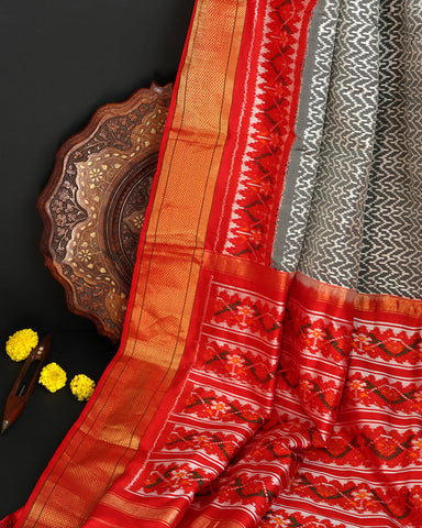 Double Ikkat Grey Silk Saree - PattuCheeralu