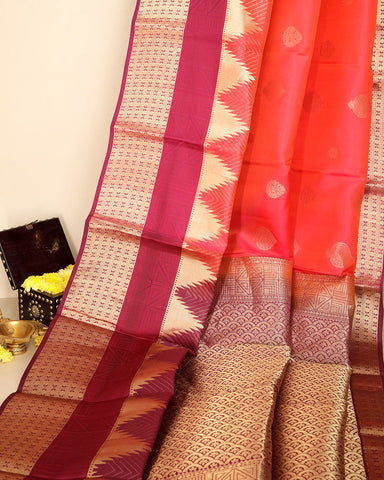 Coral pink Kanjivaram silk saree - PattuCheeralu